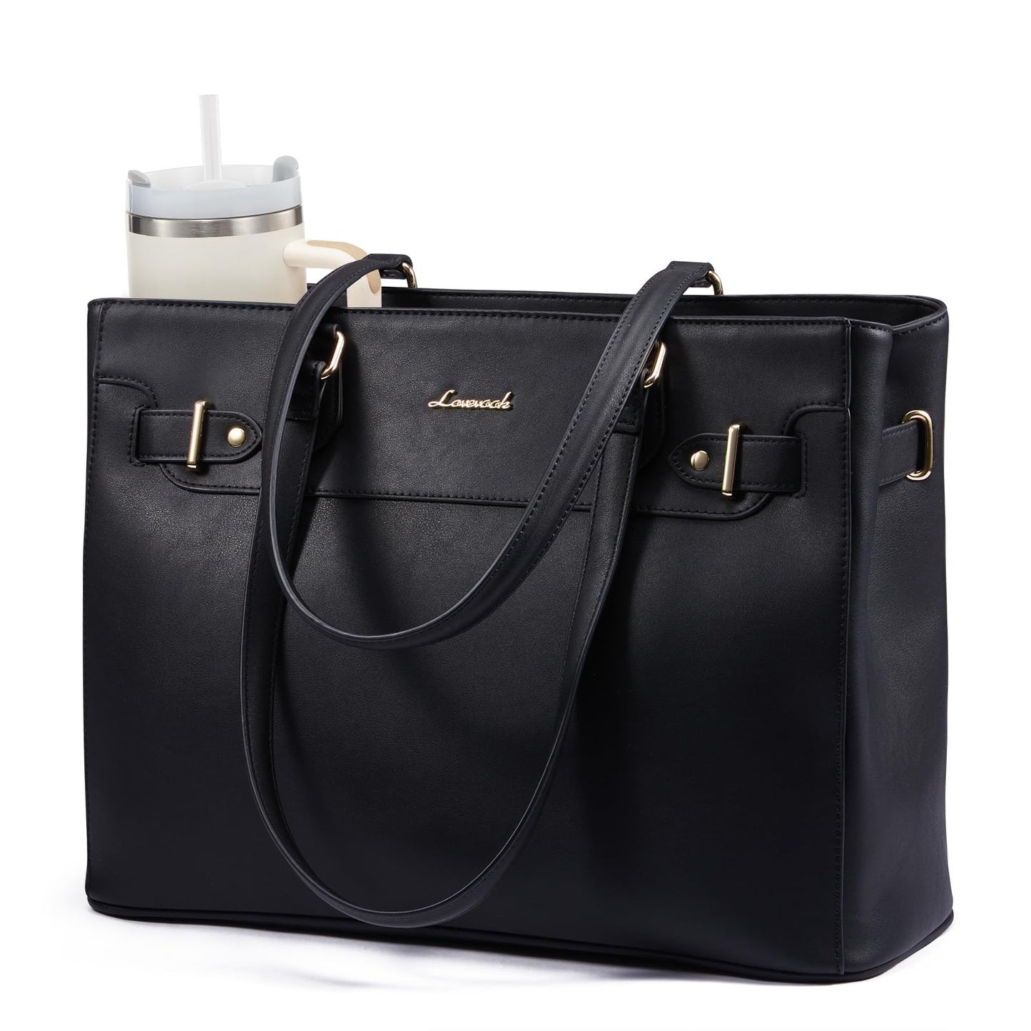 LOVEVOOK Laptop Tote Bag for Women Work, Teacher Tote Bag Nurse Bag with Large Cup Holder, 15.6 Inch Waterproof Leather Computer Bag Professional Business Office Briefcase, Black