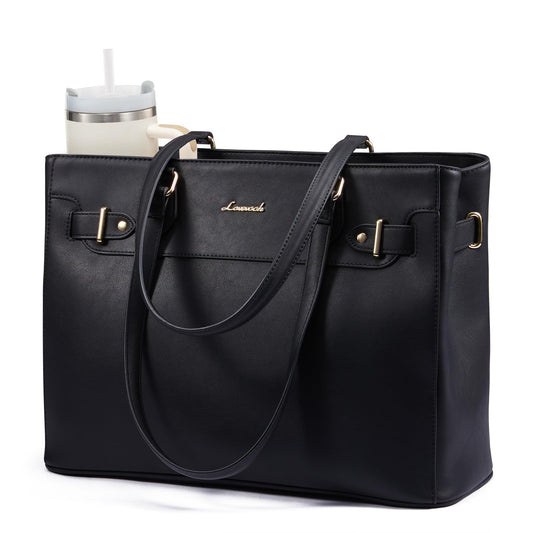 LOVEVOOK Laptop Tote Bag for Women Work, Teacher Tote Bag Nurse Bag with Large Cup Holder, 15.6 Inch Waterproof Leather Computer Bag Professional Business Office Briefcase, Black
