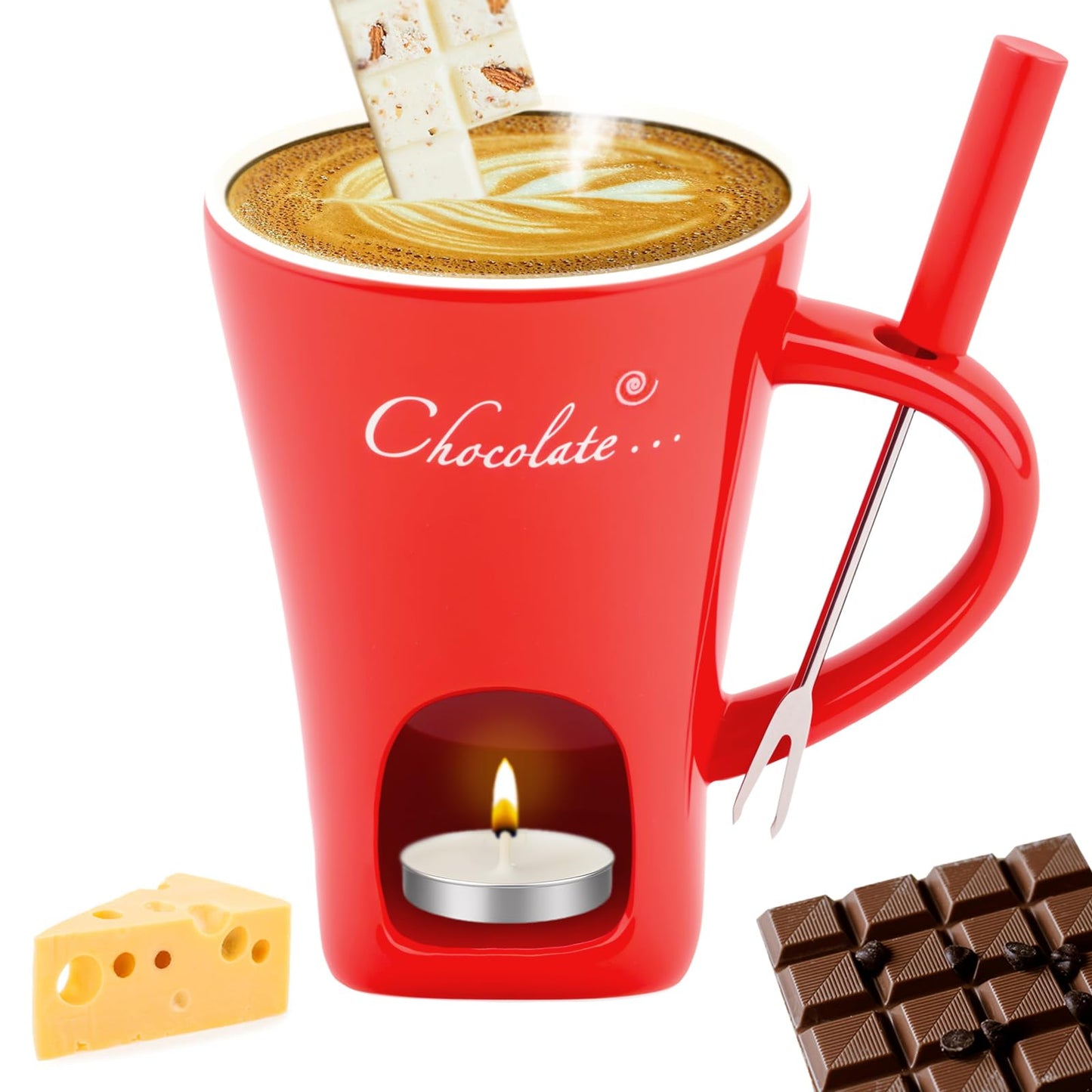 Fondue Mug with Forks Chocolate Melting Cup Ceramic Mini Tealight Pot for Coffee Cheese Candy Warmer Camping Date Movie Night Birthday Wedding Desserts (Red)