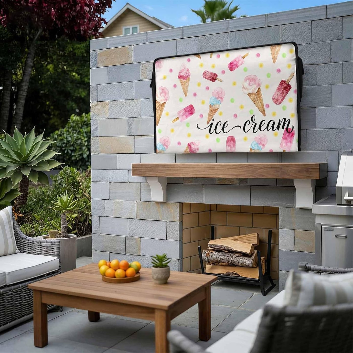 LBCASA 30 32 Inch Summer 600D 30"W 19"H 4.5"D Ice Cream Outdoor TV Cover to Weatherproof, Pink Popsicle Colorful Polka