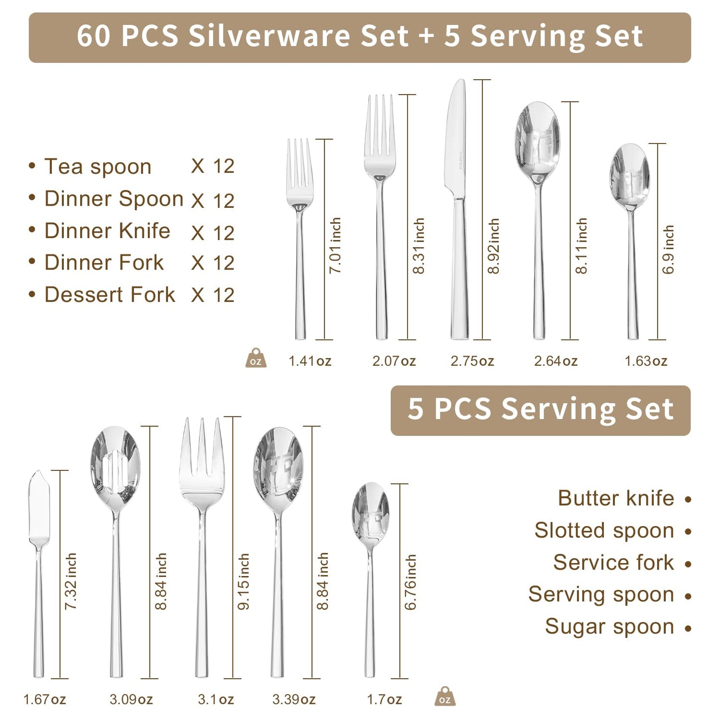 KINGSTONE 65-Piece Silverware Set with Serving Utensils, Forged Flatware Set Cutlery Set Premium Stainless Steel, Service for 12, for Home, Wedding, Party, Mirror Polished and Dishwasher Safe
