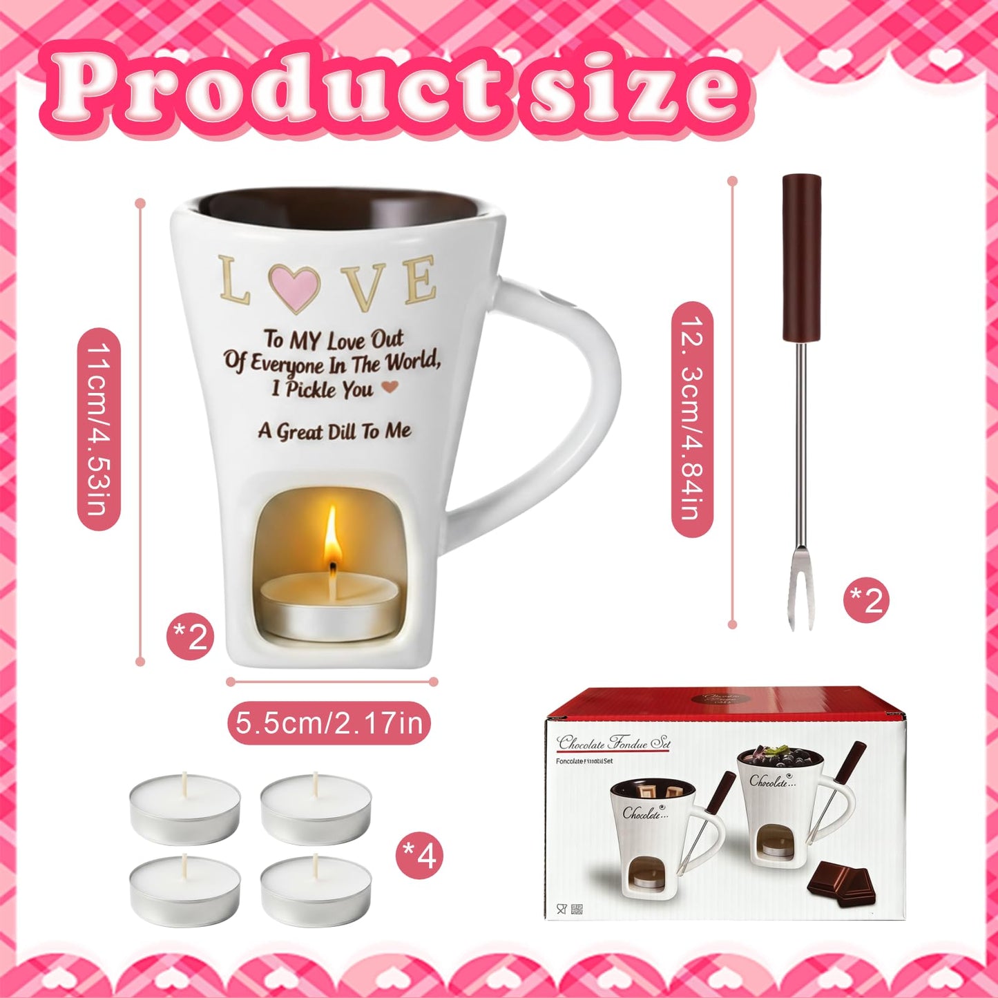 2 PCS Chocolate Fondue Mug with 2 Fork and 4 Candle, Ceramic Chocolate Melting Cup Ideal Couple Gifts Date Night Wedding Gifts