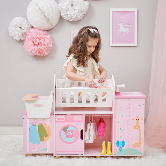 Olivia's Little World 6-in-1 Wooden Baby Doll Nursery Set – Crib, High Chair, Changing Table, Doll Furniture for 16” Dolls – Baby Doll Accessories Playset for Girls Ages 3+, Pink