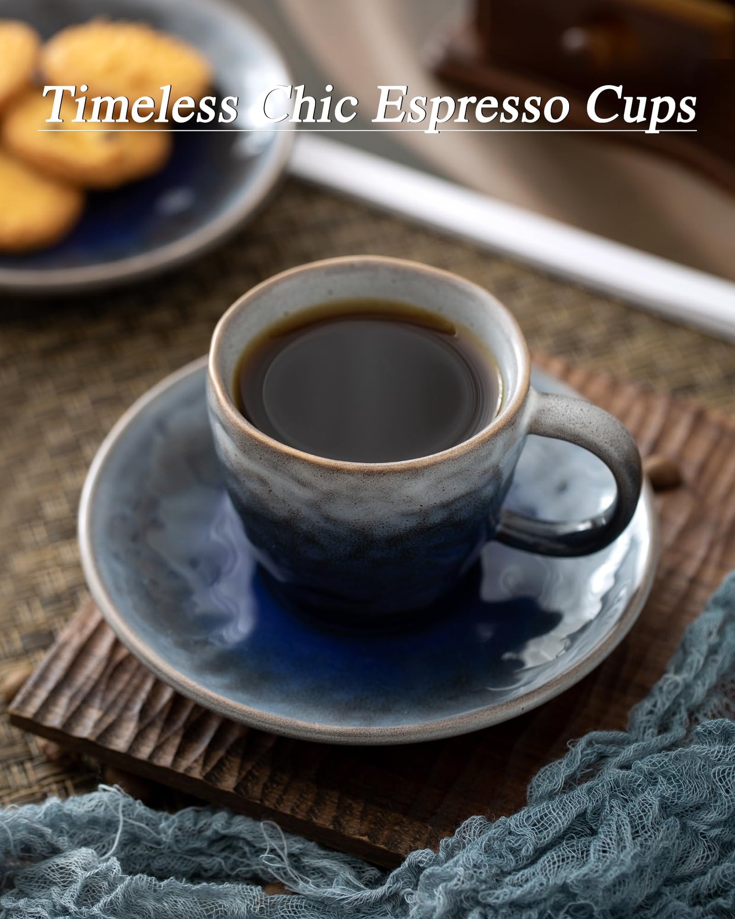 BOILMERIT 3 oz Espresso Cups Set of 4, Mini Italian Double Espresso Coffee Cup, Vintage Small Ceramic Demitasse Cups with Saucer for Lungo Coffee, Blue