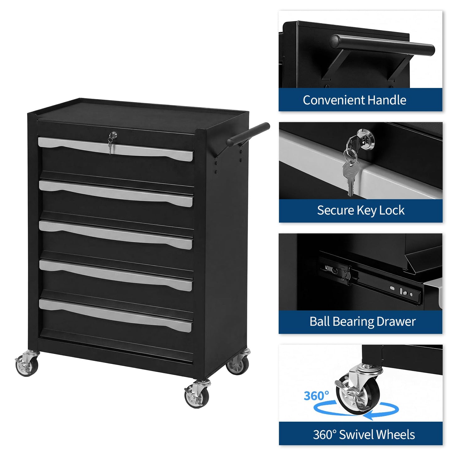 SierraSquad 5-Drawer Rolling Tool Chest with Lock, Tool Cabinet on Wheels, Includes Drawer Liners, Latch System & Link Buckle,Can Be Combined to Large Cabinet Set for Garage Workshop Storage, Black