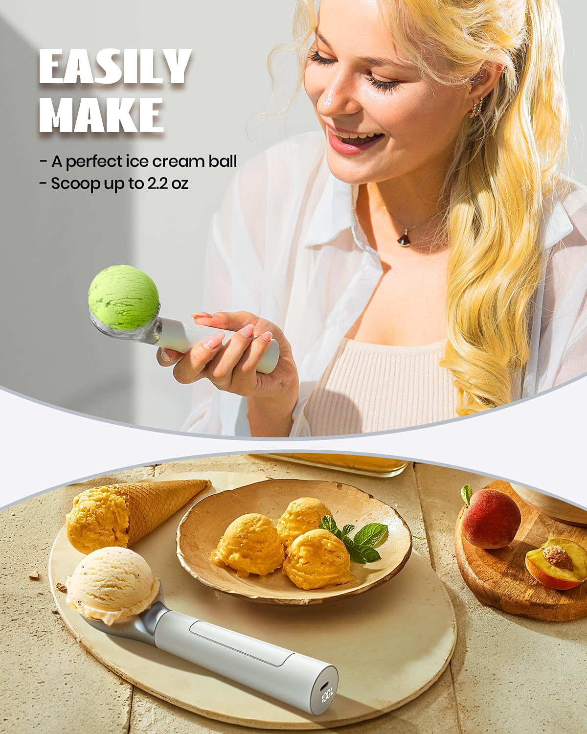 Heated Ice Cream Scoop Rechargeable Electric, 158°F Auto-Thermal Warming Scoop for Hard Ice Cream, Cordless LED Display, One-Button Operation, IP67 Waterproof Easy Clean (1, White)