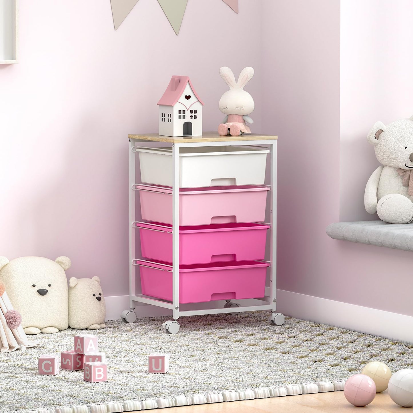 SYKIARIOL Utility-Rolling-Craft-Storage-Cart-Organizer with 4 Drawers and Wooden Tabletop, 4 Tier Drawer Cart for Home Office, Kid Room, Classroom Teacher, Dorm, Pink