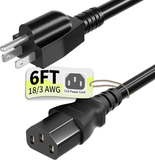 Vockjour 3 6ft 10 125 18AWG, 5-15P C13, Prong AC Power Cord Cable Amps Volts NEMA to Black PC Power Cable for TV