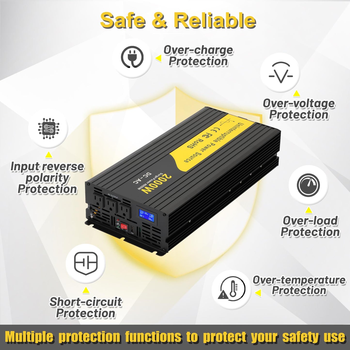 Miumoon 2000W Primary Sump Pump Backup System, Basment Protection Backup Inverter, Black, LCD Display, Auto Switches for Continuous Sump Pump Operation, Basement Emergency and Power Outage Backup