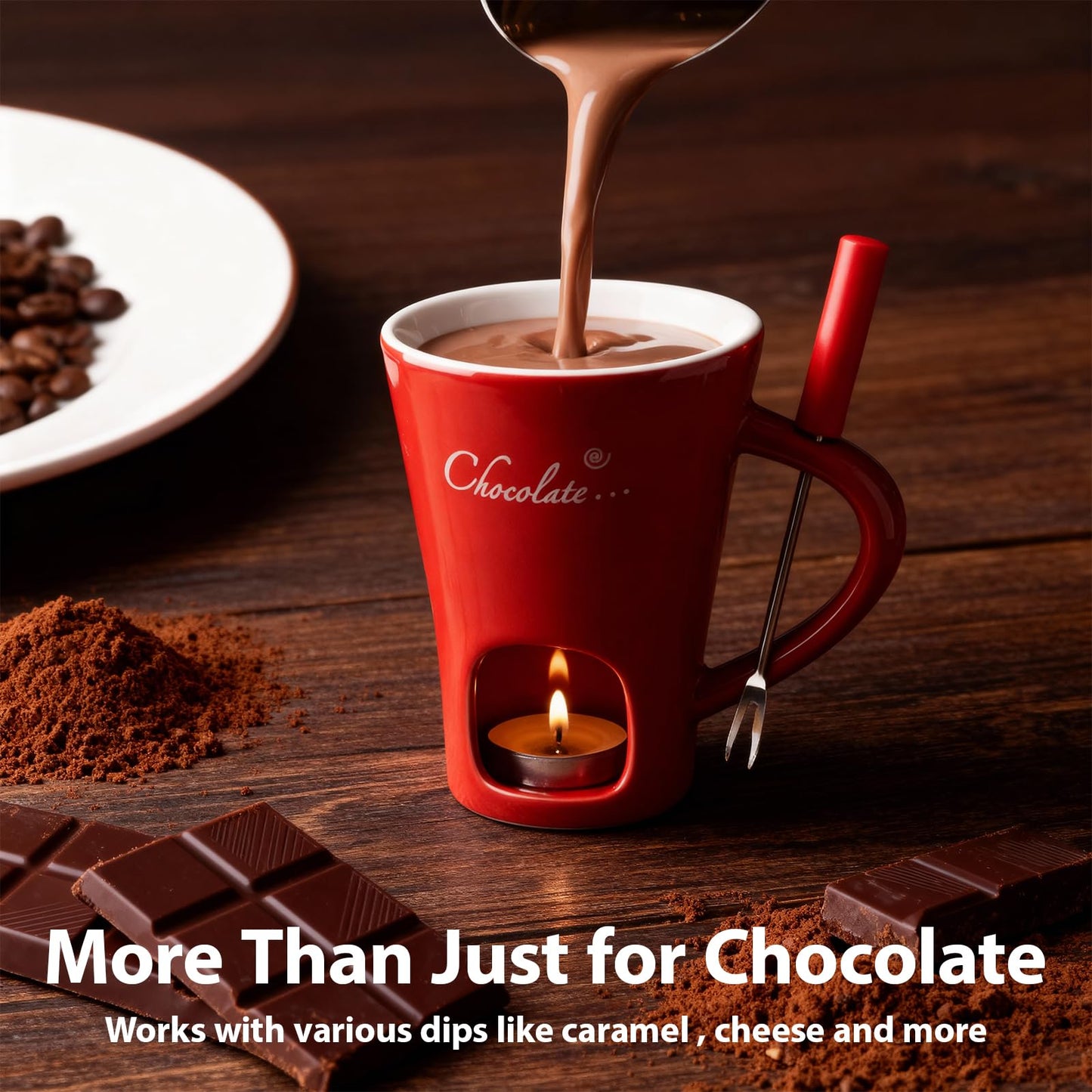 Fondue Mug with Forks Chocolate Melting Cup Ceramic Mini Tealight Pot for Coffee Cheese Candy Warmer Camping Date Movie Night Birthday Wedding Desserts (Red)