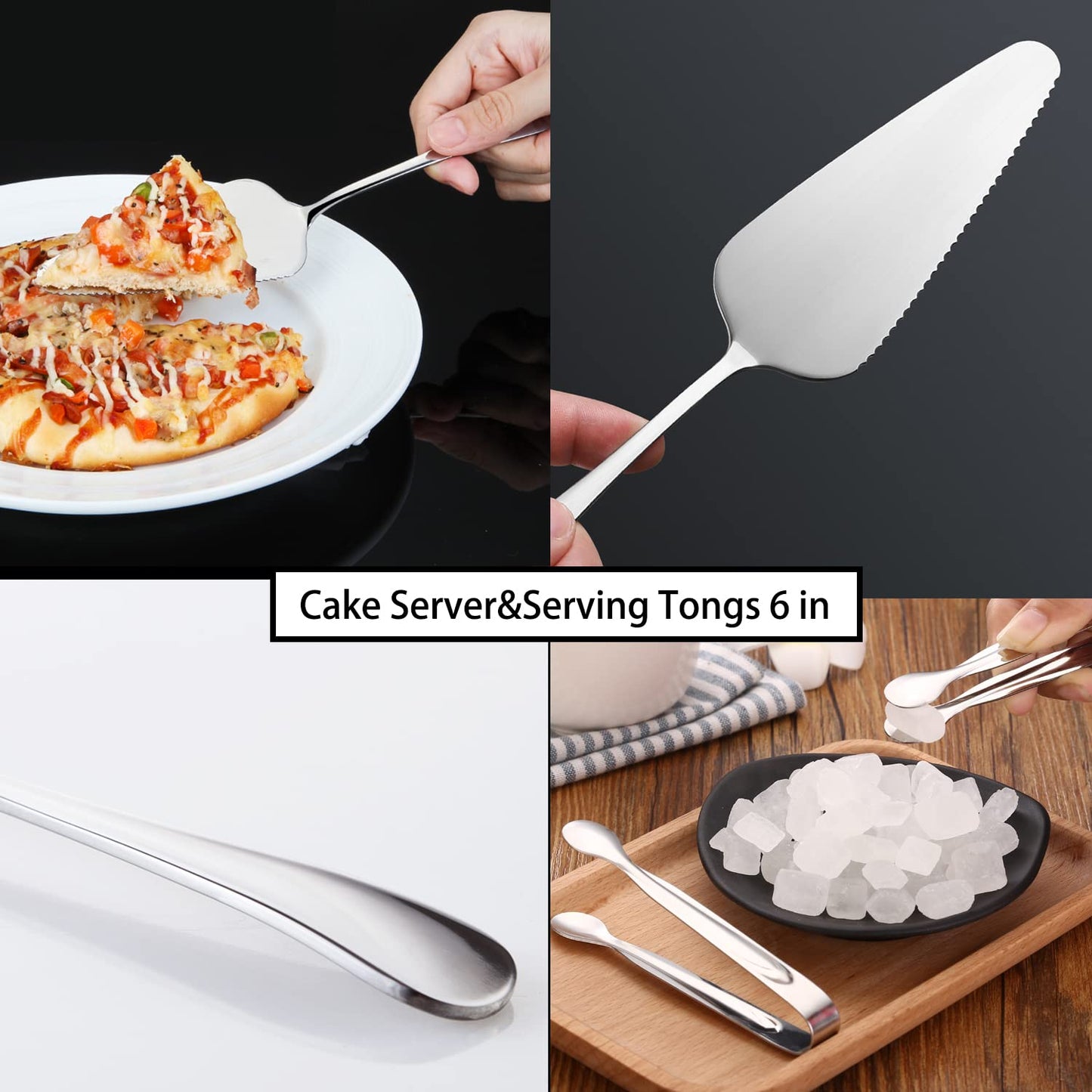 IAXSEE 8 PCS Stainless Steel Serving Utensils, Large Serving Spoons Slotted Spoons, Forks, Ice Suger Tongs, Cake Server, Soup Ladle, Metal Utensils Set Great for Buffet Catering Banquet Party, Silver
