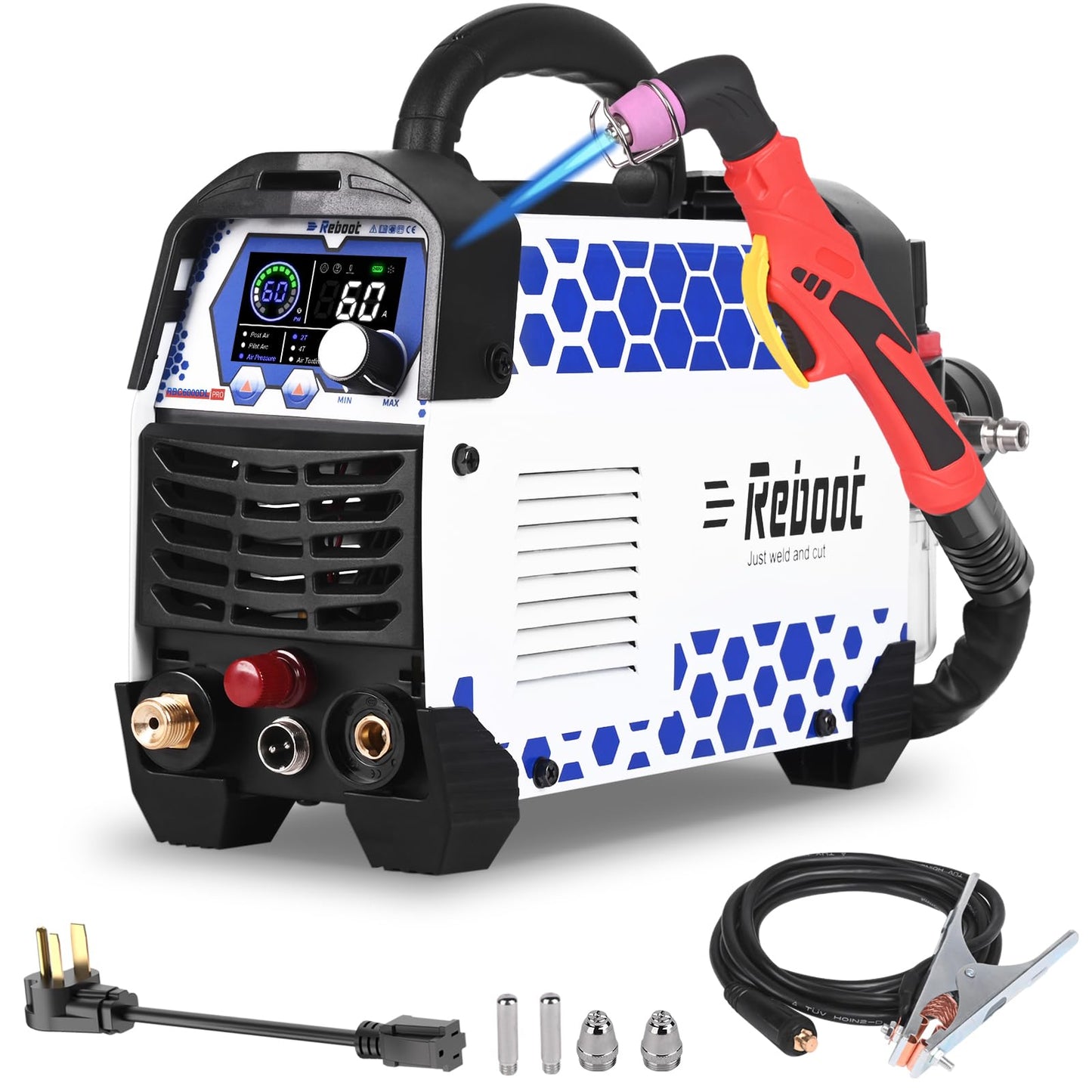 Reboot Pro 60A Plasma Cutter 2025, Pilot Arc Non-Contact Cutting, 120V/240V Dual Voltage,Large Digital Smart Screen with Reboot 250Amp MIG Welder 8-in-1 Dual Aluminum