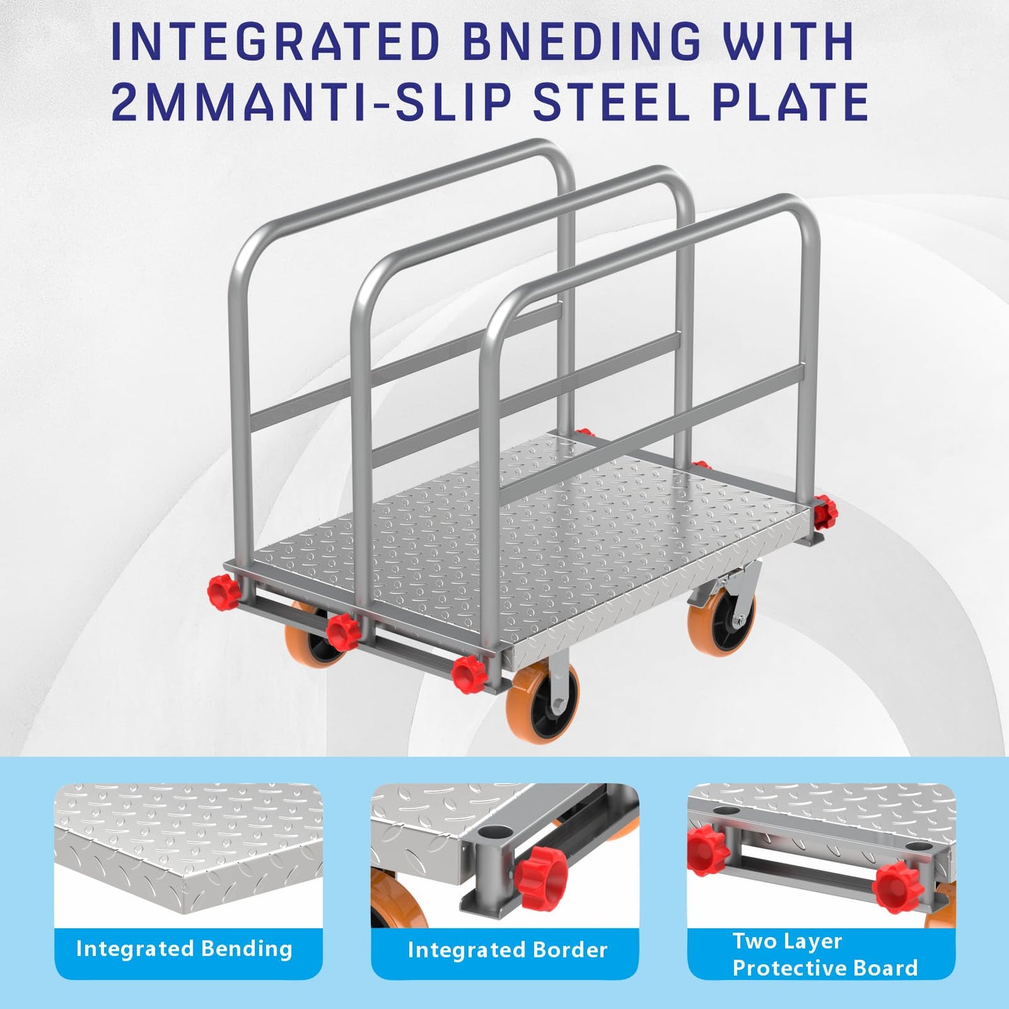 2-in-1 Steel Panel Cart with 2500 lbs Capacity Lumber Drywall Dolly Cart, 6" Swivel Brake Wheels Heavy Duty Table Truck Flatbed Cart with 1Front and 3Side Handrails 40 X 24inch 2mm