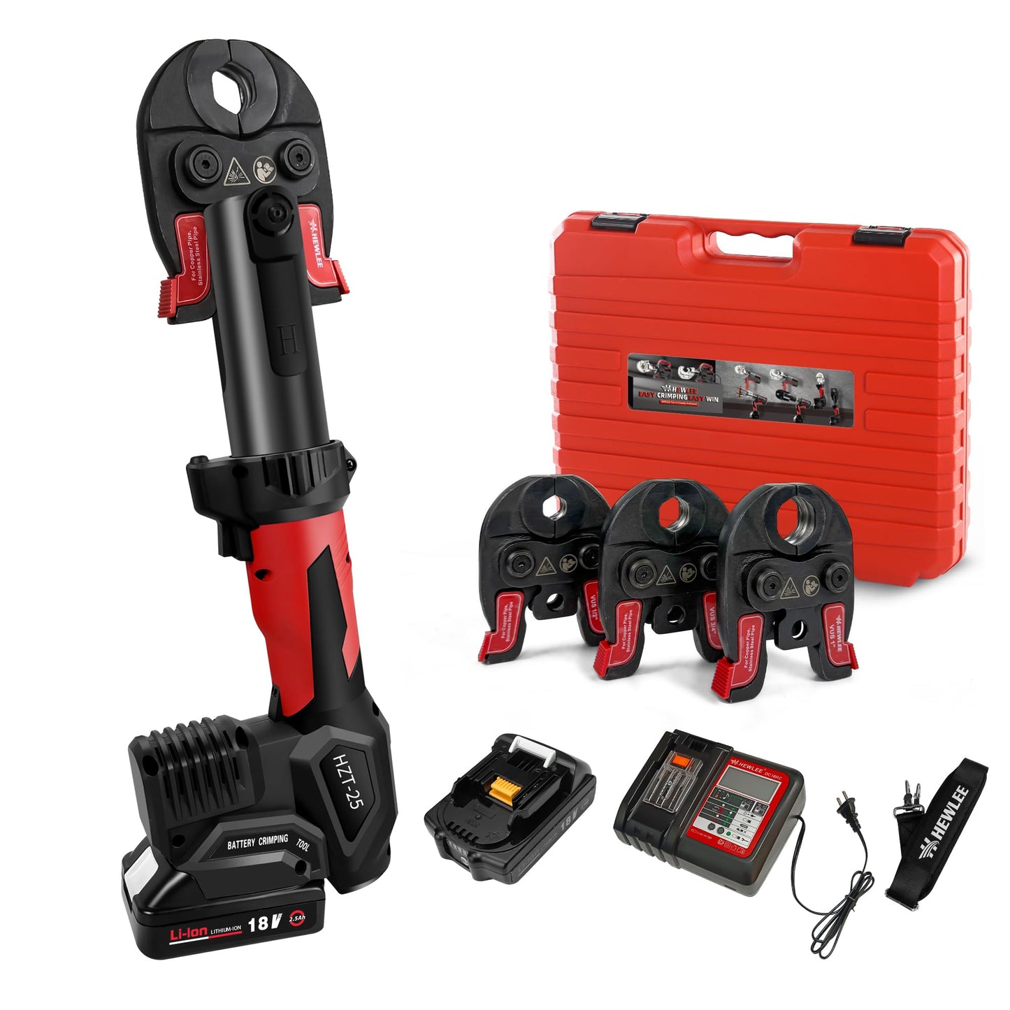 HHEWLEE MINI Press Tool for Copper Pipe, Battery Powered Pro Press Copper Crimper tool 32KN for US Standard 1/2", 3/4", 1" Copper Tube and Stainless Steel Tube, 2.5Ah Battery Set(HZT-25M)