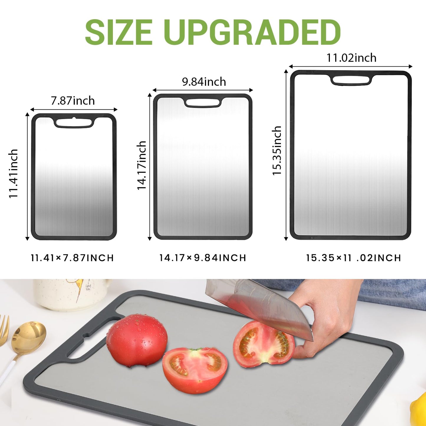 Titanium Cutting Board set of 3,Metal Cutting Boards for Kitchen,Stainless Steel Cutting Board, Chopping Boards for Kitchen and Camping,Silicone Edge for Non-Slip & Non-Cut 3Pcs(L+M+S)