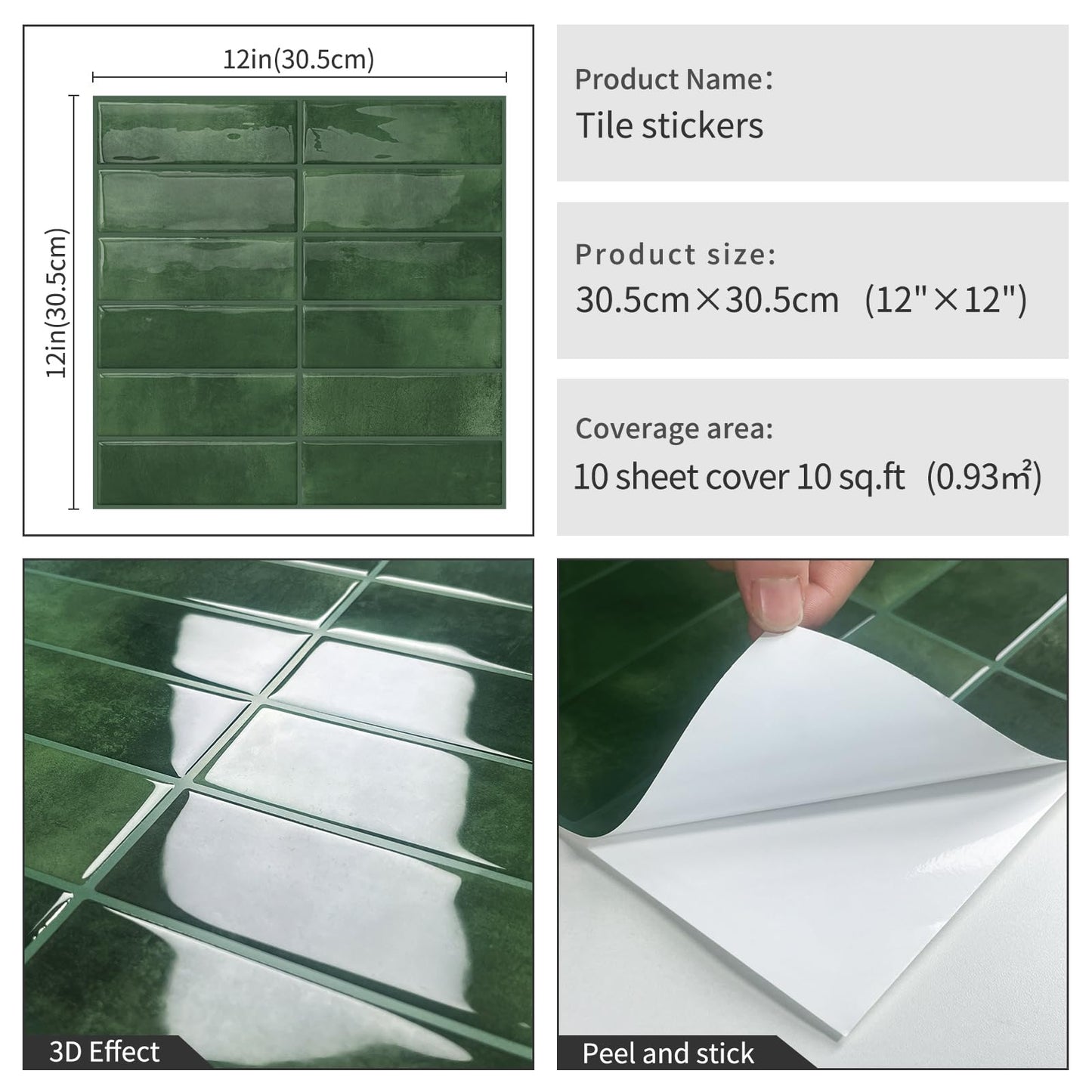 DEWOO Peel and Stick Subway Backsplash Green Kitchen Bathroom Rectangle Self Adhesive Wall Tile Brick (10-Sheet, 12"×12")