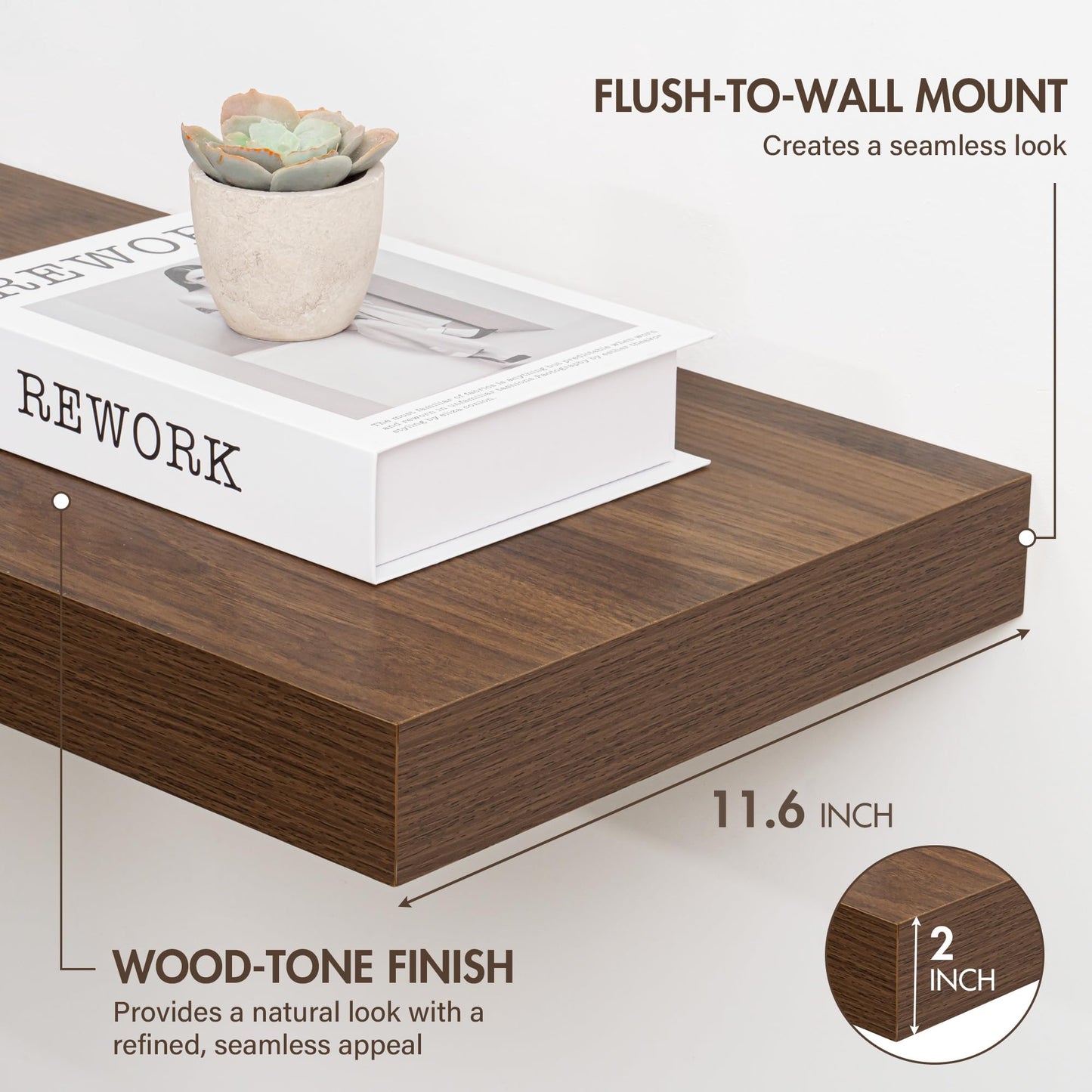 Acovy 30 Inch Floating Shelves, 12" Deep Floating Shelf Wall Mounted, 30" Wall Shelves, Rustic Deep Bookshelf, Extra Deeper & Thicker Display Shelves for Bedroom, Living Room, Walnut, Set of 2