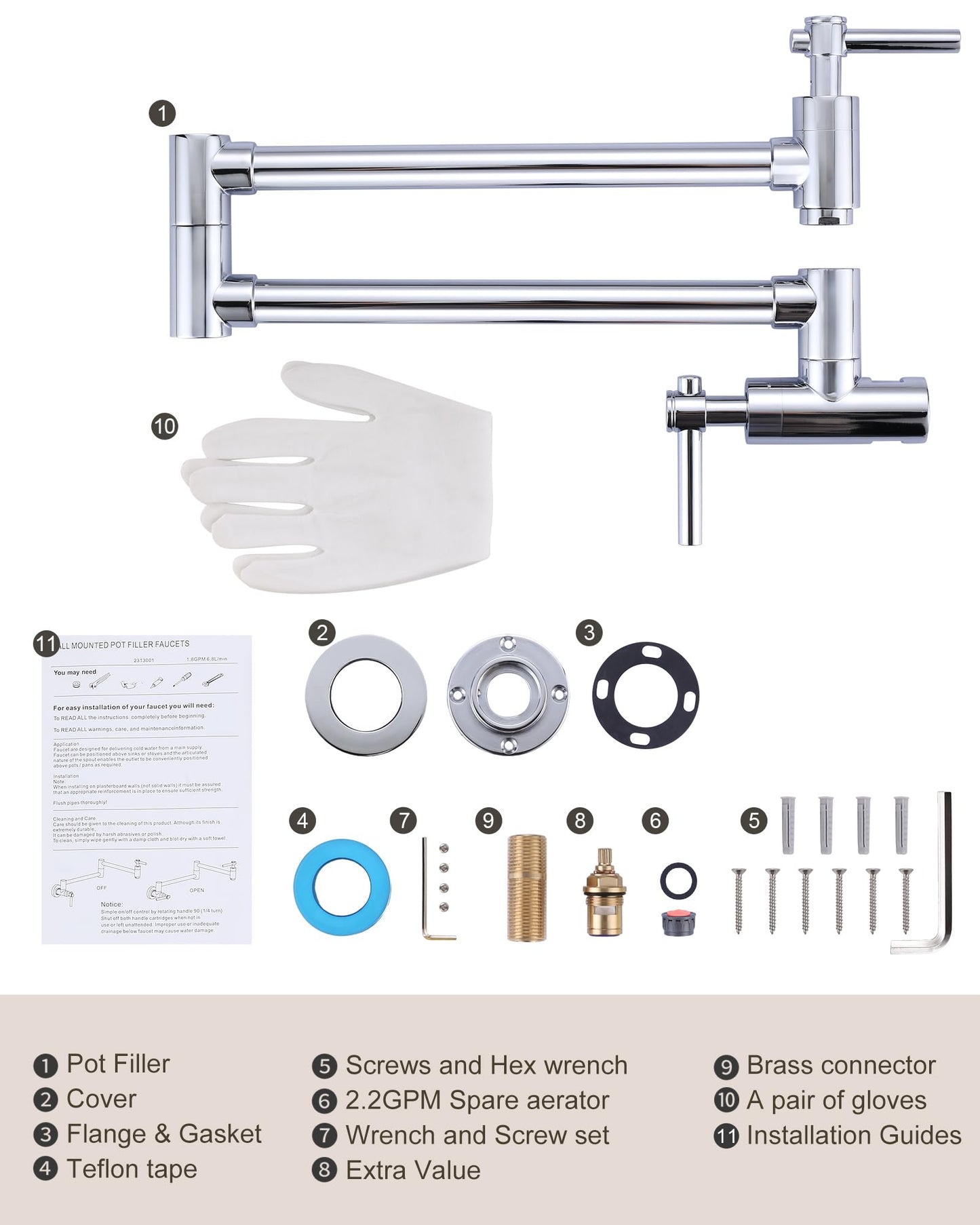 iVIGA Wall Faucet, Pot Fillers Wall Mount for Kitchen, Solid Copper Chrome Pot Filler Single Hole Folding Faucet with Double Joint Swing Arm Pot Filler Over Stove