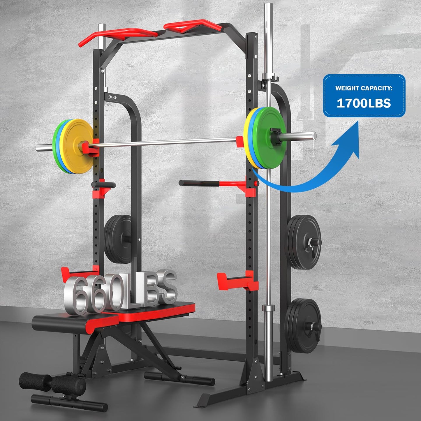 SunHome Power Cage Squat Rack, Multi-Functional Power Rack with Adjustable Cable Crossover System, J-Hooks, Dip Handles, Weight Plate Storage (S5 with Bench)