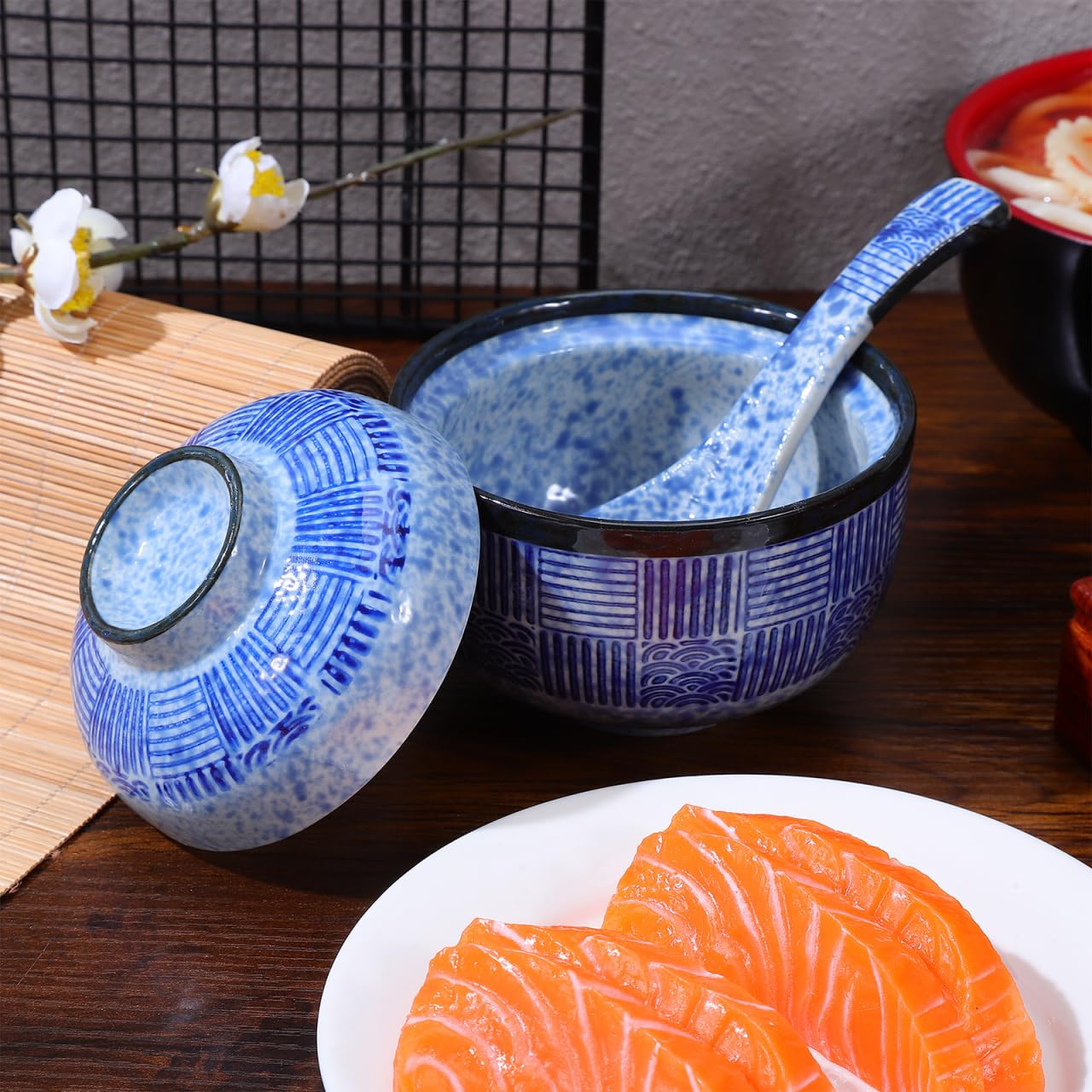 Kichvoe Japanese Ceramic Soup Bowl Set with Lid & Spoon, 4"/8.45oz Miso/Ramen Bowl for Noodles, Rice, Family Dinners & Home Kitchen Dinnerware