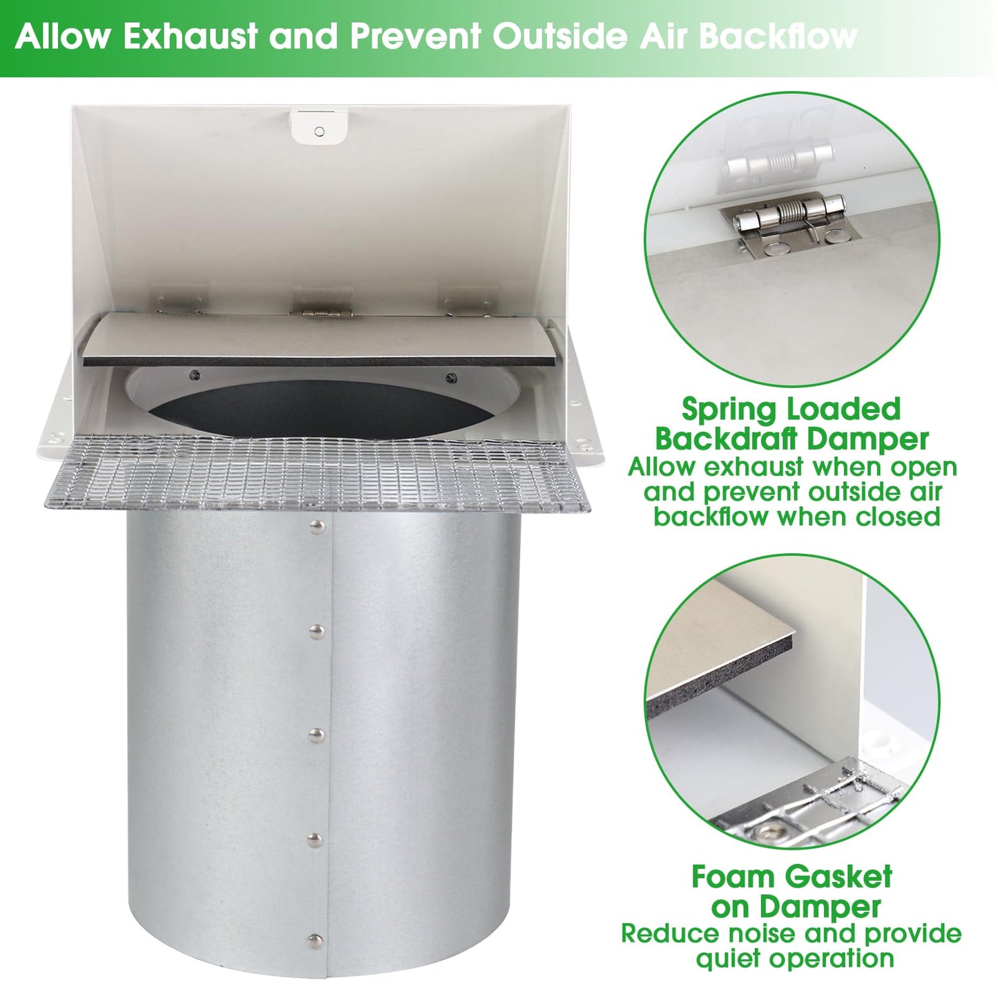 6 Inch Hooded Wall Vent with Screen and Damper,6 Inch Exhaust Vent Cover Cap for Outdoor Kitchen Range Hood Dryer Ventilation,Outside Wall Mount Extractor for House Air Exhaust,Galvanized Steel,White