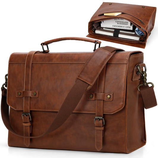 RAINSMORE Mens Messenger Bag 17 Inch Waterproof Vintage Leather Laptop Briefcase Large Laptop Bag Satchel Bag Computer Shoulder Bag for Office Business Travel College,Brown