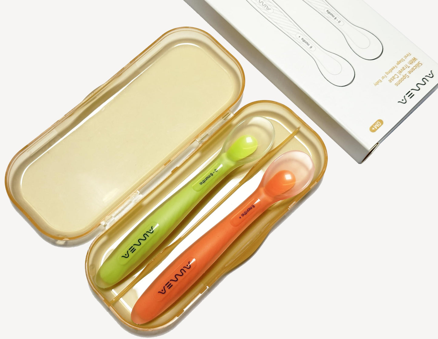 Aurrea Baby Spoons 2-Pack | Soft Silicone First Stage Feeding Spoon Set with Travel Case | Stage-Based Design for 0-6m & 6m+ | BPA-Free, Gum-Friendly for Infant & Toddler | Lime + Peach