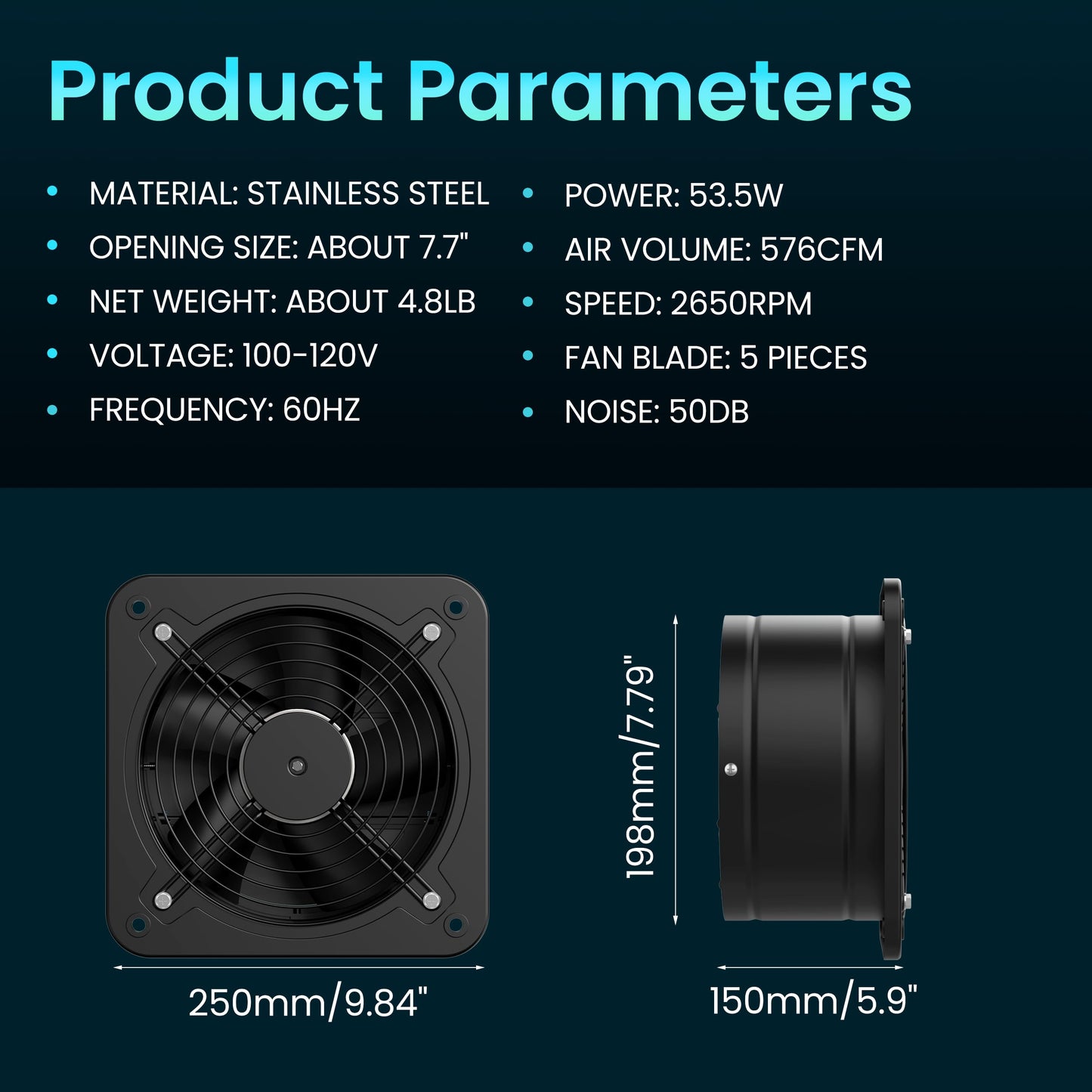 HG Power 8 Inch Exhaust Fan with Speed Controller, 567 CFM Kitchen Exhaust Fan with Damper, Metal Extractor Fan for Window, Attic, Ceiling, Basement Ventilation