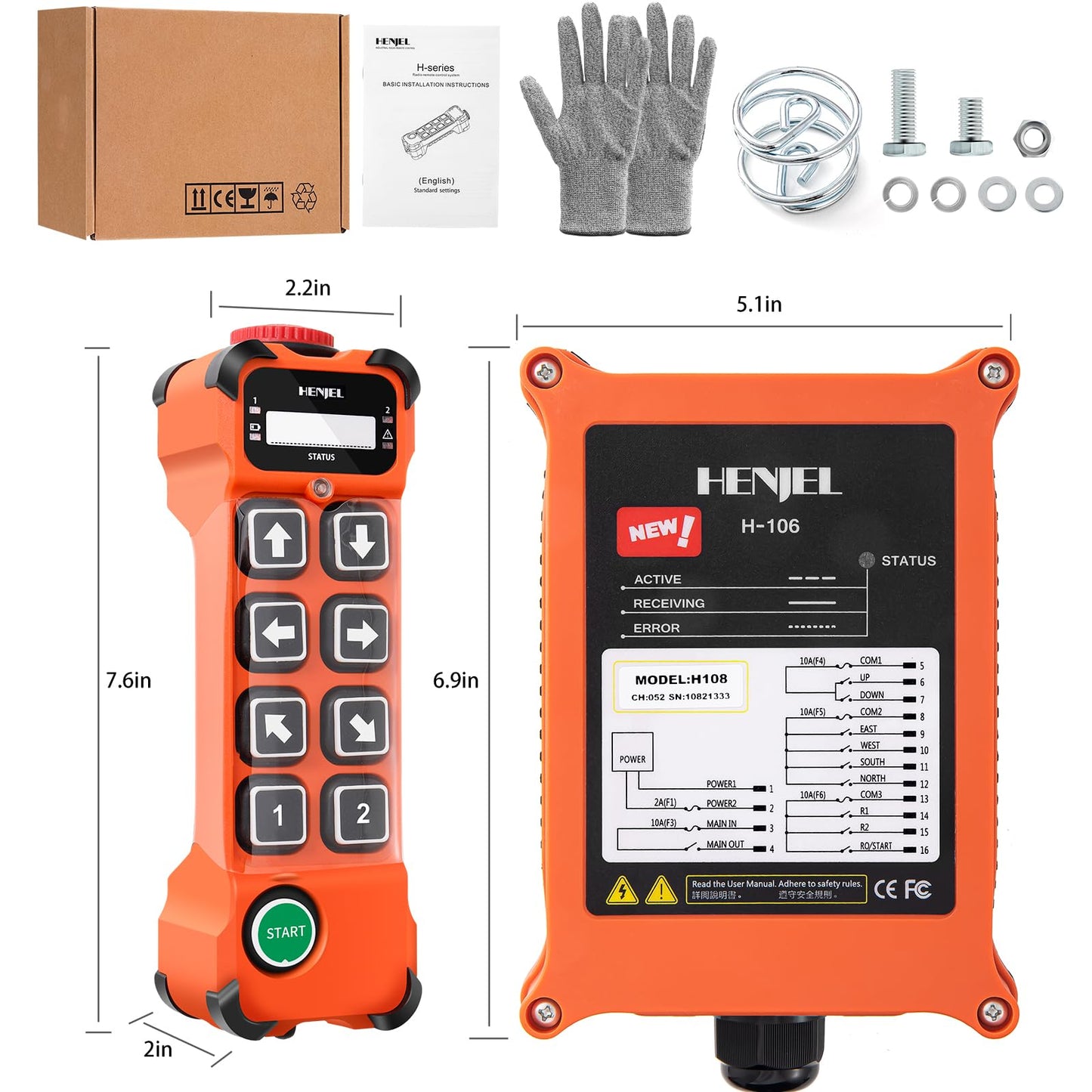Wireless Crane Remote Control 8 Channel Button Industrial Radio Overhead Bridge Hoist Crane Controller 2 Transmitters and Receiver H108 12-65V