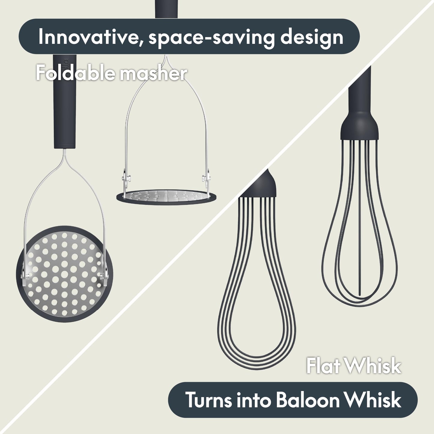 bella 2 Piece Compact Masher and Whisk Set, Fold Flat, Stainless steel and silicone, Foldable Masher, Ballon Whisk, Flat Whisk, Non-stick, Nonslip, Heat safe to 425°F, Slate