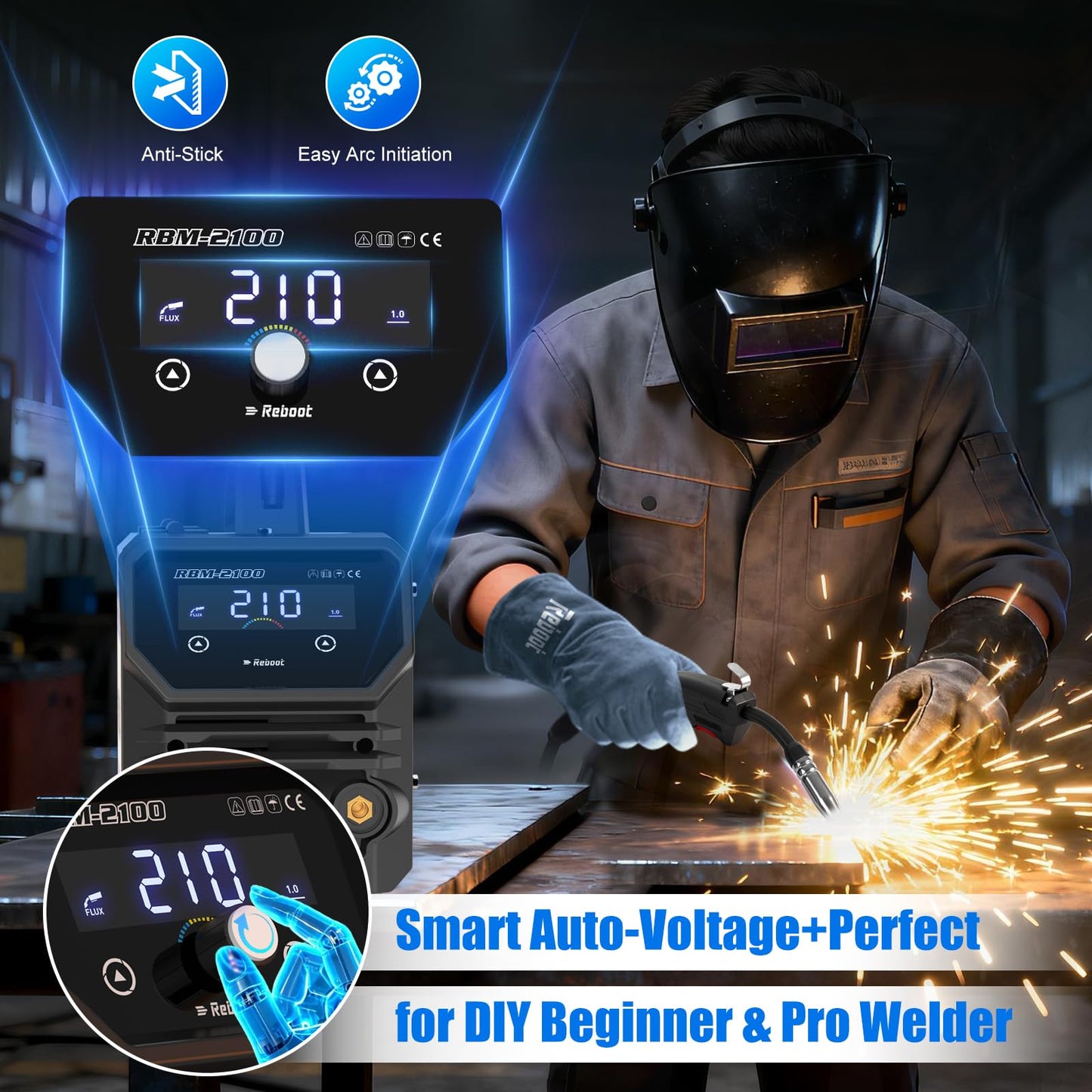 Reboot 210A MIG Welder 120V 4 in 1 Welding Machine Gas/Gasless Flux Core/Lift TIG/Stick Large Digital Led Display with IGBT Inverter RBM2100