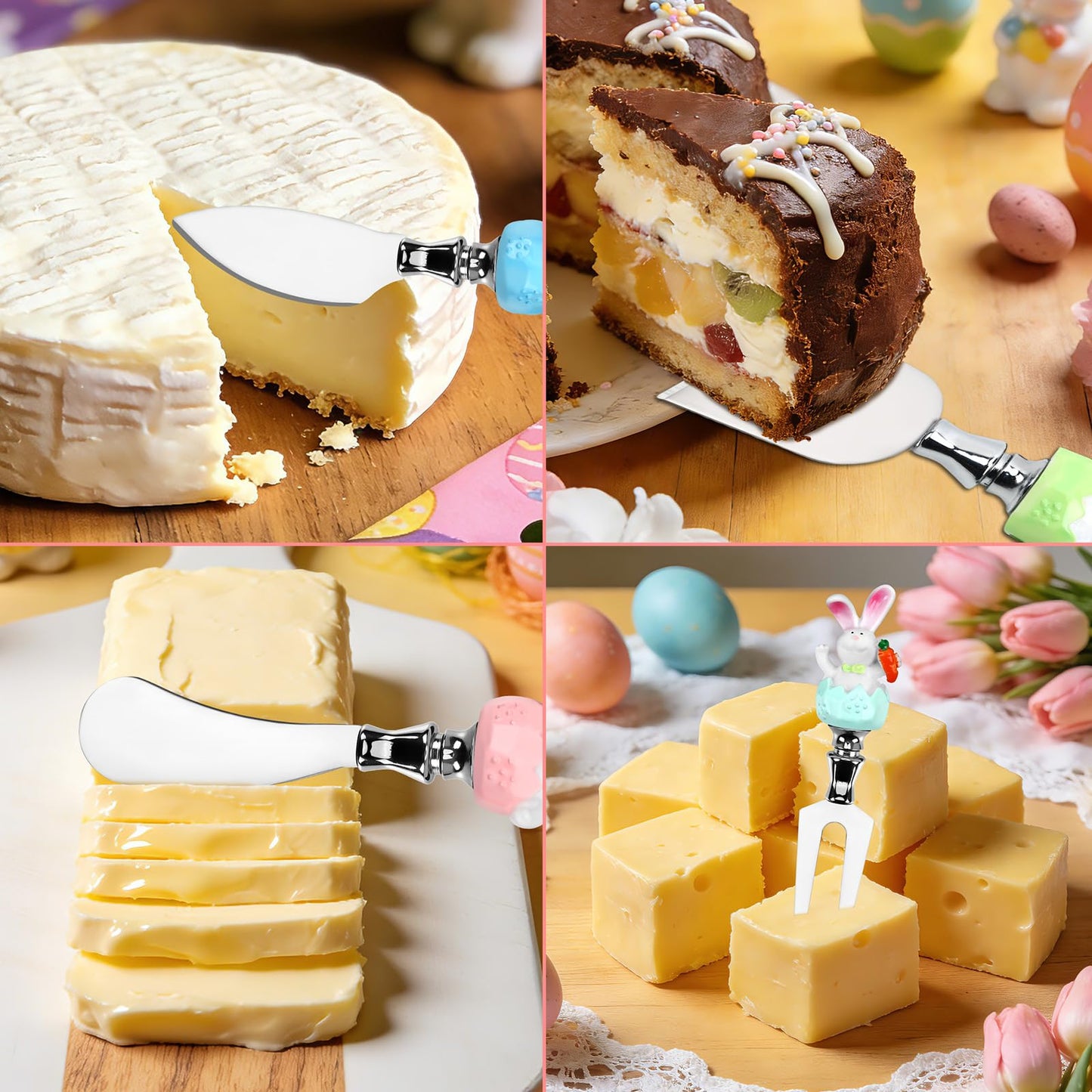 MOUNTCLIM 4 Pcs Easter Cheese Knives Set, Resin Handle with Stainless Steel Blade Spreader for Cheese Cream Jam Butter Charcuterie Board Tools
