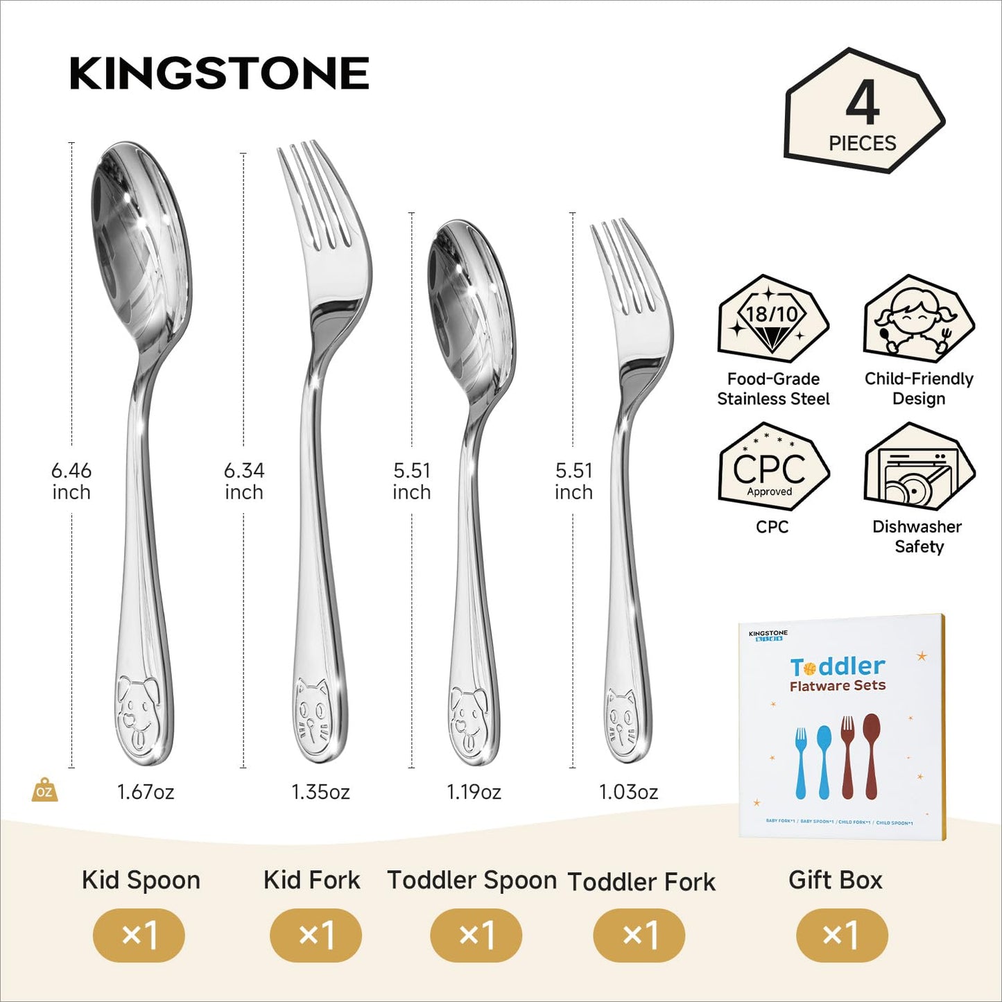 KINGSTONE Toddler Utensils Gift Set, 4-Piece Forks & Spoons, Small & Large, 18/10 Stainless Steel, Cat & Dog Print, Ergonomic Flatware for Toddlers & Kids, Self-Feeding, Children Shower Gift