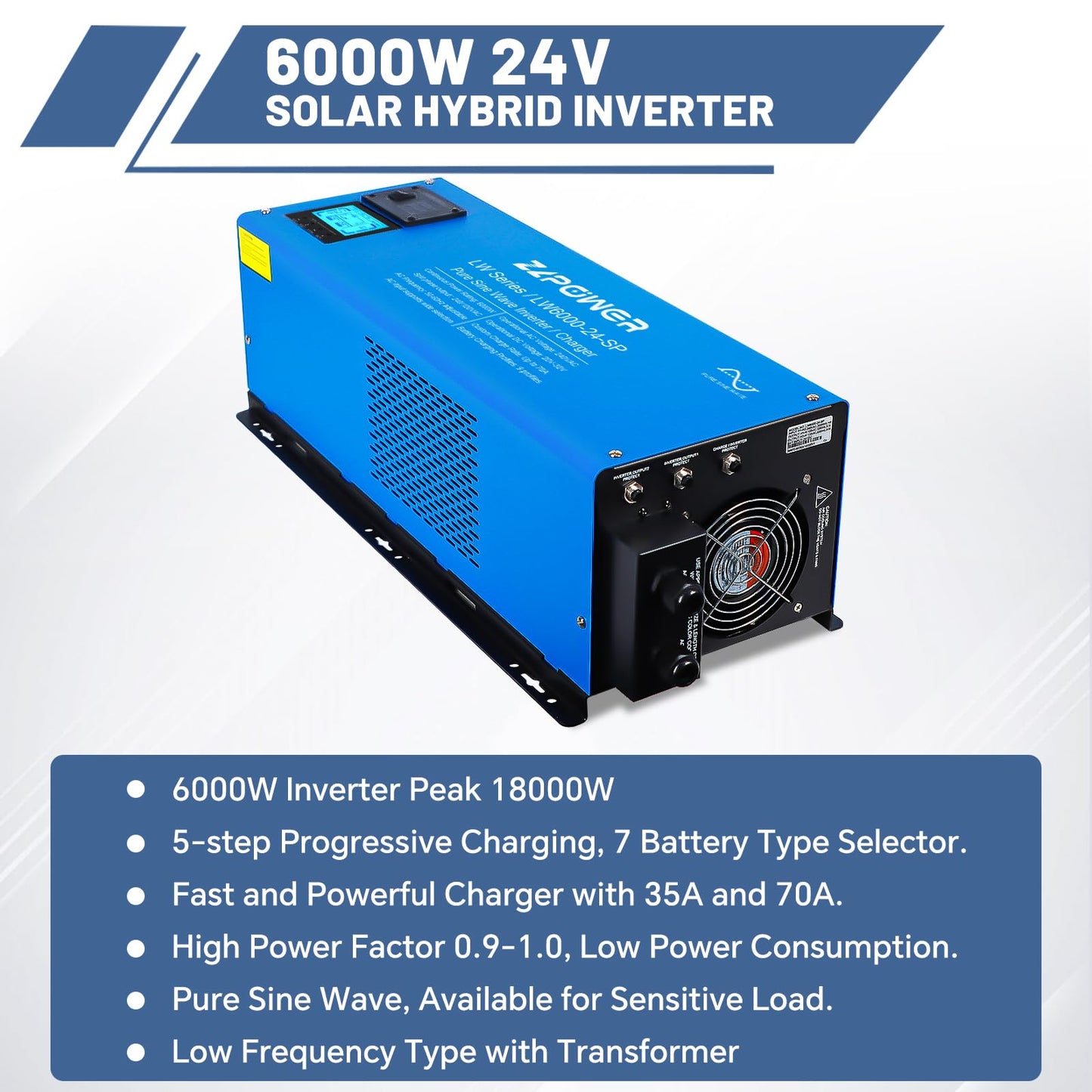 ZLPOWER 6000W 24V DC Pure Sine Wave Inverter, 18000W Peak, 240 AC Input,120V/240V AC Split Phase Output with Battery Charger, LCD Display, Off-Grid Low Frequency Inverter for Home RV Camping (6000W)