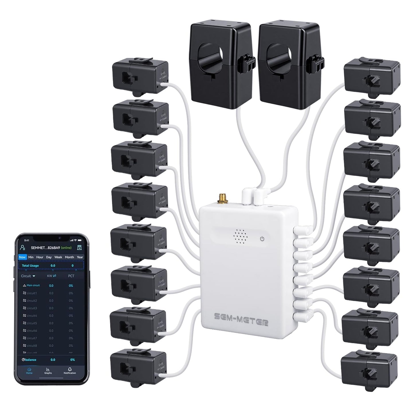 Smart Home Energy Monitor with 16 50A Circuit Level Sensors, Real-Time Power Usage & Electricity Cost Tracking, Ideal for Rental Homes & Shared Apartments, App History, Compatible with Home Assistant
