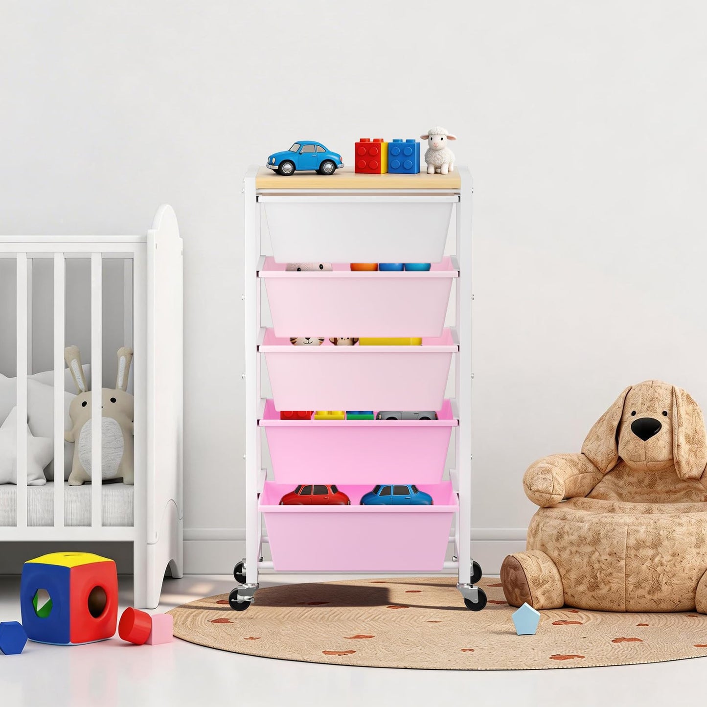 Rolling Cart with 5 Drawers, Plastic Drawer Storage Carts with Wheels & Wooden Tabletop, Metal Utility Cart for Office Bedroom Living Room Classroom, Craft Organization and Storage, Bright Pink