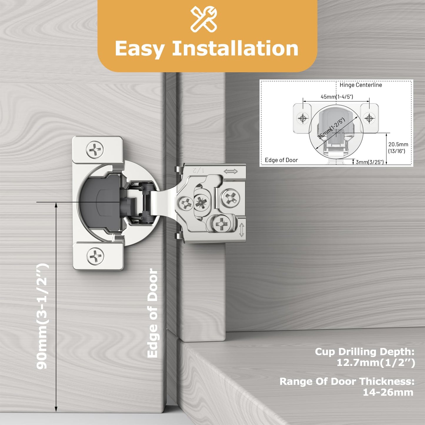 Furniware 50 Pieces 1/2 inch Overlay Soft Close Cabinet Hinges for Face Frame Cabinet, Stainless Steel, 105° Opening Angle, Concealed Self Closing Door Hinges- 3 Way Adjustment