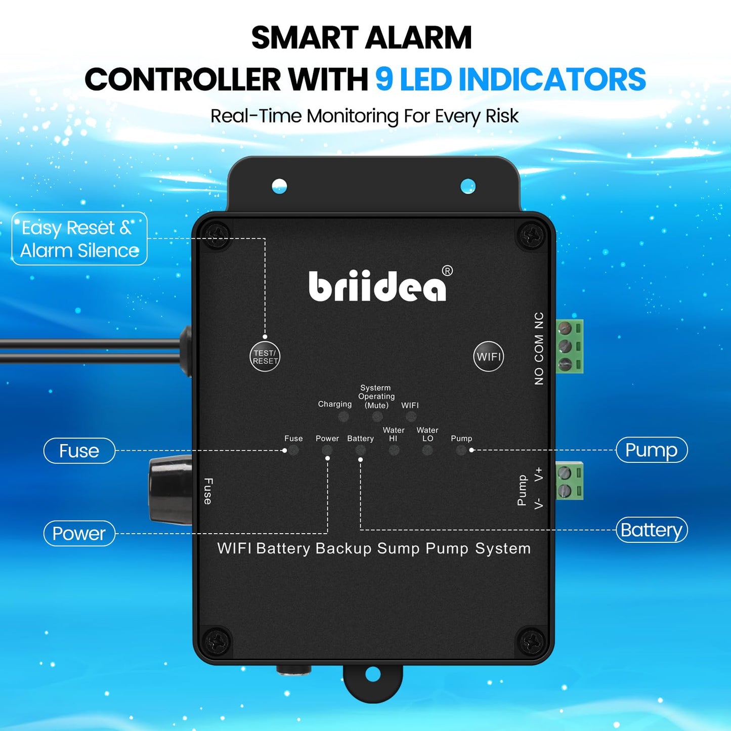 Briidea Battery Backup Sump Pump System for Basement, 12V Battery Compatible (Battery Not Included), Dual 2.4G/5G WiFi Monitoring, Electronic Water Level Sensor, Smart Alarm System