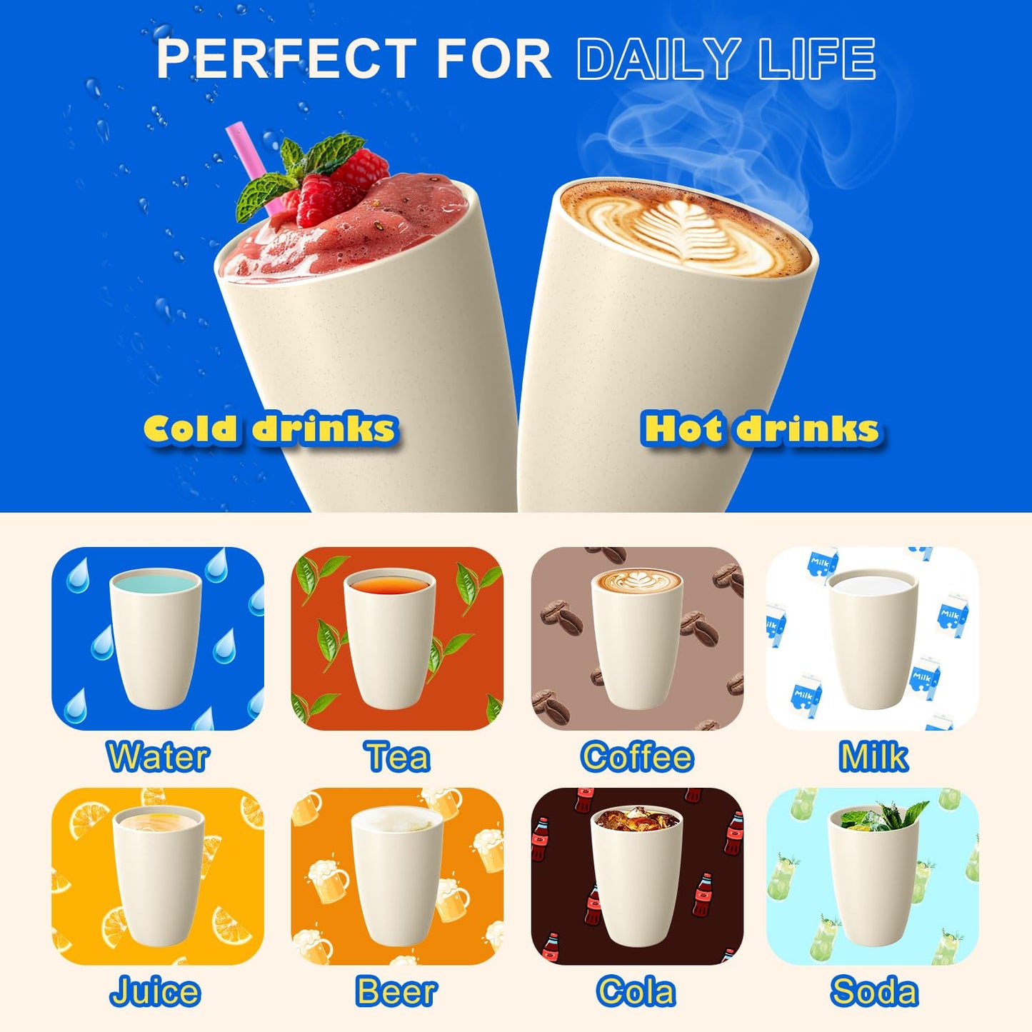 Perlapoc Wheat Straw Unbreakable Cups, Large Cups 20 OZ Set of 6, Alternative to Plastic Cups Reusable, Dishwasher Safe Tumblers & Water Glasses for Kitchen, Parties, Camping, RV, Beige