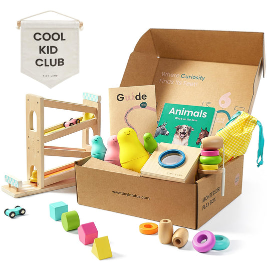 Tiny Land Montessori Toy Set for Baby 16-18 Months Adventure Play Kit - 7-in-1 Ramp Race Track, Shape Sorting and Color Matching Box, Lacing Beads Set, Silicone Nesting Dolls, Animals Board Book