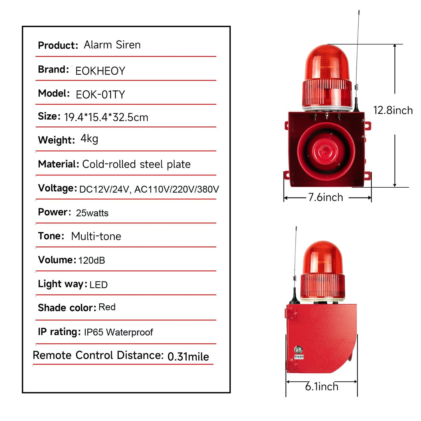 EOKHEOY Wireless Alarm Siren 0.31Mile Range Multitone 120dB Loud Horn Waterproof Security Siren for Industry Business Home Shop Hotel School AC110-120V