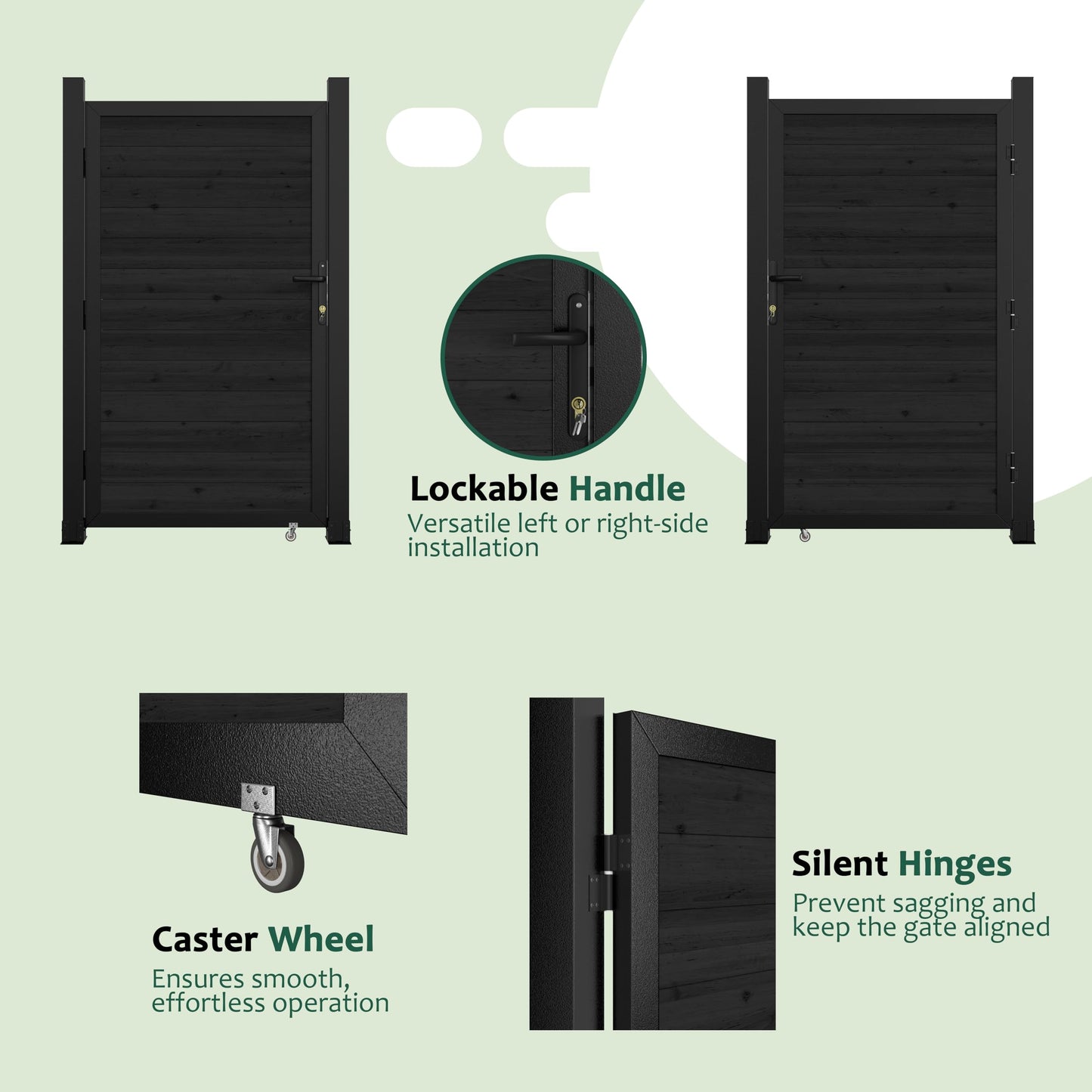 MUPATER 6×3 FT Outdoor Garden Gate, Privacy Fence Gate with Aluminum Frame & Cedar Wood Panels, Lockable Handle & Caster Wheel, Reversible Swing Direction for Patio, Yard, Garden, Black