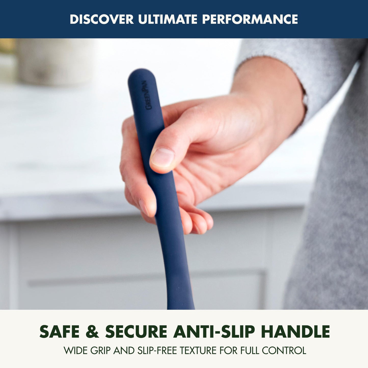 GreenPan Silicone Solid Turner Spatula, Flipping Cooking Kitchen Utensil, Flexible Rubber Nonstick Cookware, Rigid Steel Core, Heat-Resistant, Anti-Slip Handle, BPA-Free, Dishwasher Safe, Blue