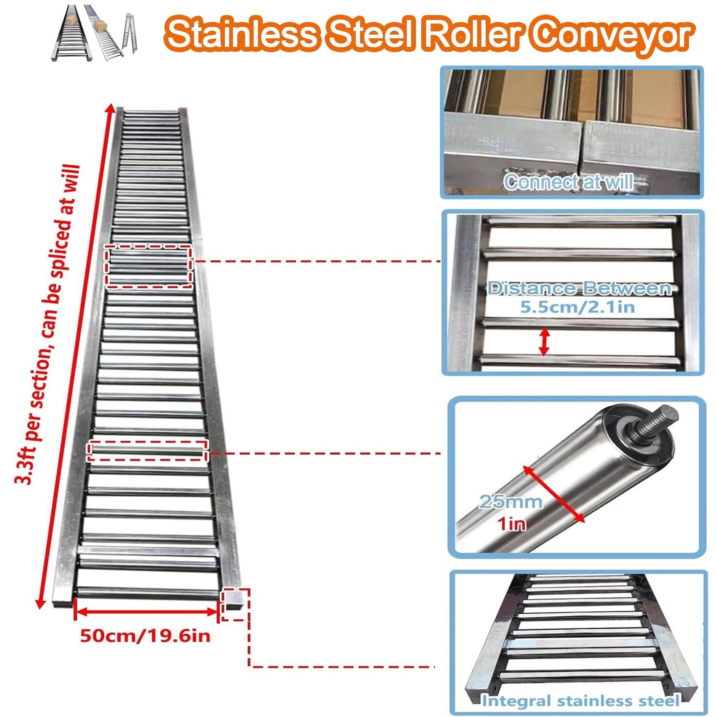 Adjustable Heavy Duty Gravity Conveyor Roller for Warehouse Unloading, 3.3 to 33ft Length, 12in Width, Height Adjustable Stand for Efficient Material Handling
