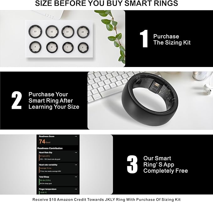 Smart Ring, Activity Trackers, Sleep Ring, Fitness Tracking, Stress Tracker, Heart Rate, Meditation, Temperature, Respiratory, No App Subscription, Women, Men, iOS, Android (Black, 10)