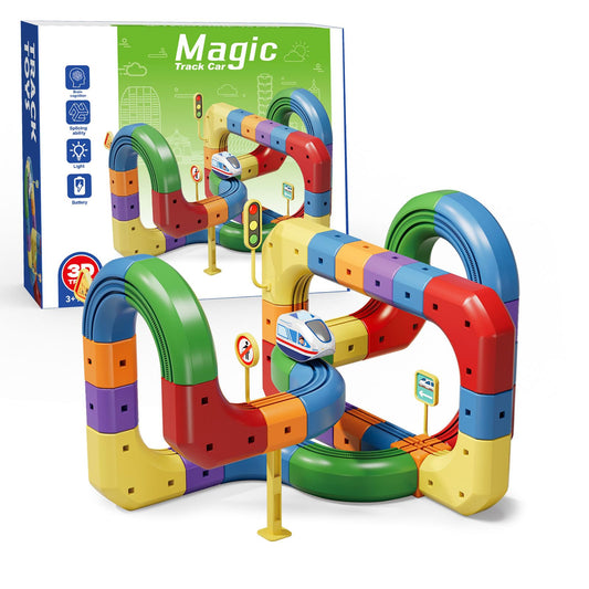 Magical Track Car Toys,Flexible Car Track Magical Train Set,DIY Race Car Track Building Kits with Train and Traffic Signs,for 4-8 Year Old Boy Toys Boys Girls Birthday Party Gifts (81PCS)