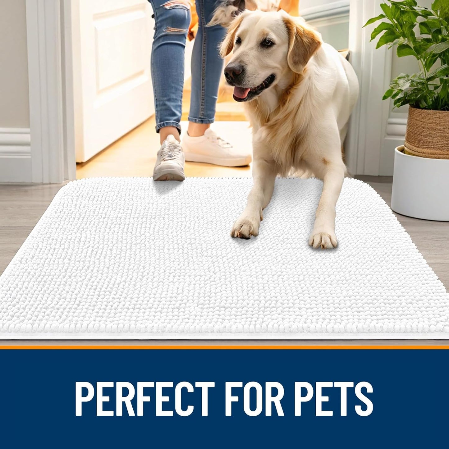 OLANLY Dog Door Mat - Absorbent Non-Slip Washable Chenille Mat for Muddy Paws | 70x24 Inches, White