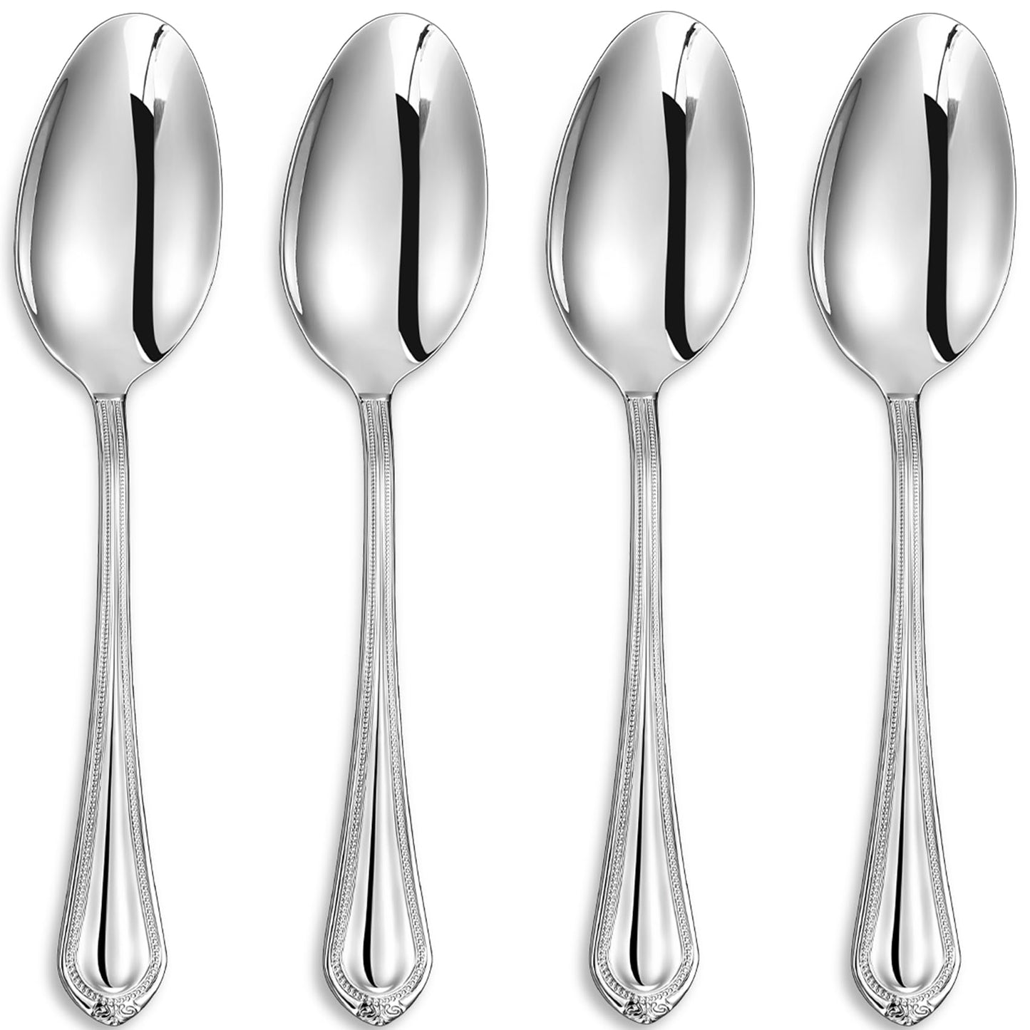 KEAWELL Pearl Edge 4-Piece Premium Spoon Set, 18/10 Stainless Steel, Fine Silverware Spoons with Refined Bead Design, Brightly Polished, Dishwasher Safe (Silver, 9" Serving Spoons)