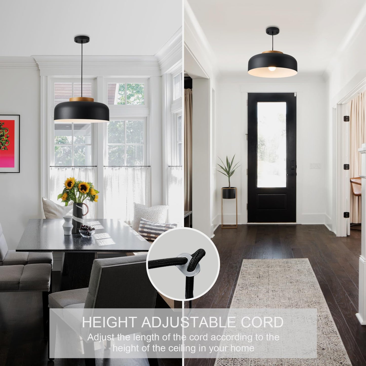 Modern Large Pendant Light Fixture, 17.7 inch,Natural Wood Cap, Matte Black Finish, Simple Pendant Lighting for Kitchen Island, Dining Room, Table