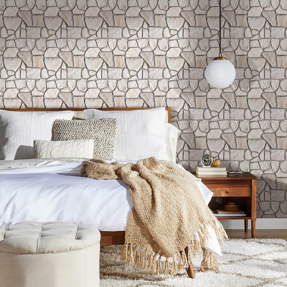 COMSTICKC 3D Faux Stone Wall Sticker Peel and Stick Wall Panels, 10 Pcs of 12"X12", Not Real Stone Ultra-Light Thin PVC Rock Adhesive Fake Stone Wall Covering Wallpaper Indoor Wall Decor, Beige
